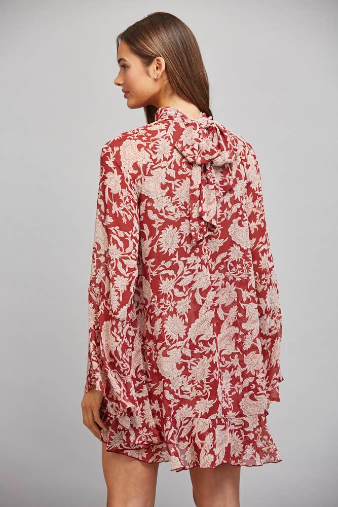 Red Floral Neck Tie Mini Dress