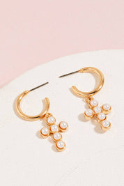 Pearl Studded Cross Charm Hoop Earrings