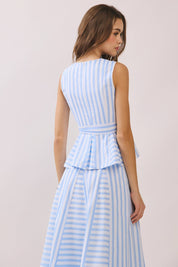 Blue Striped Tie Waist Peplum Top
