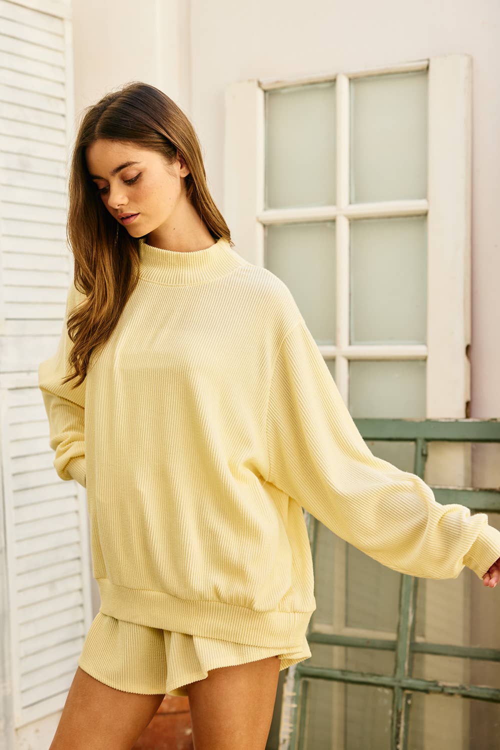 Yellow Mock Neck Ribbed Sweatshirt
