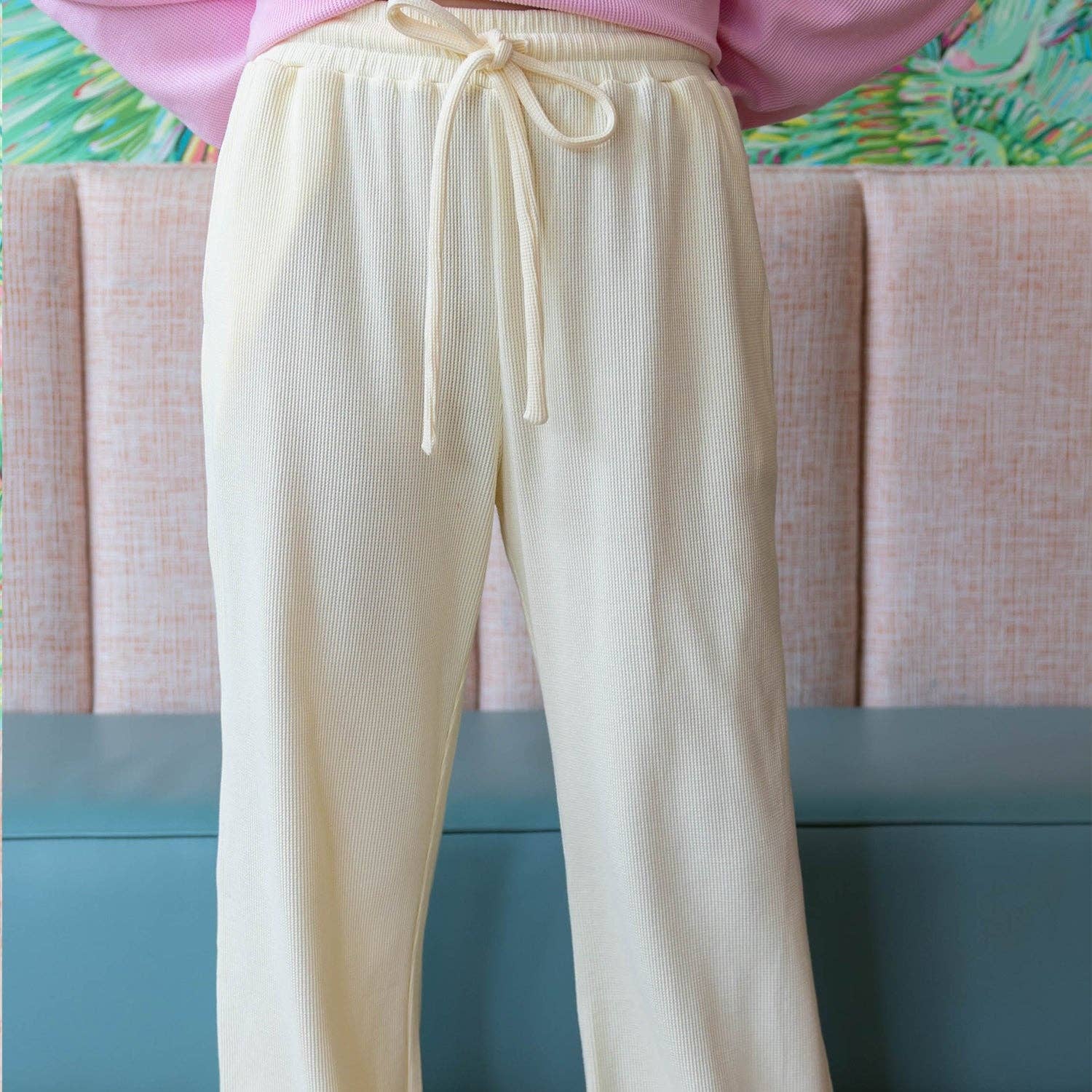 Yellow Waffle Knit Pants Lulu Mac — ultra-soft waffle knit fabric and adjustable drawcord
