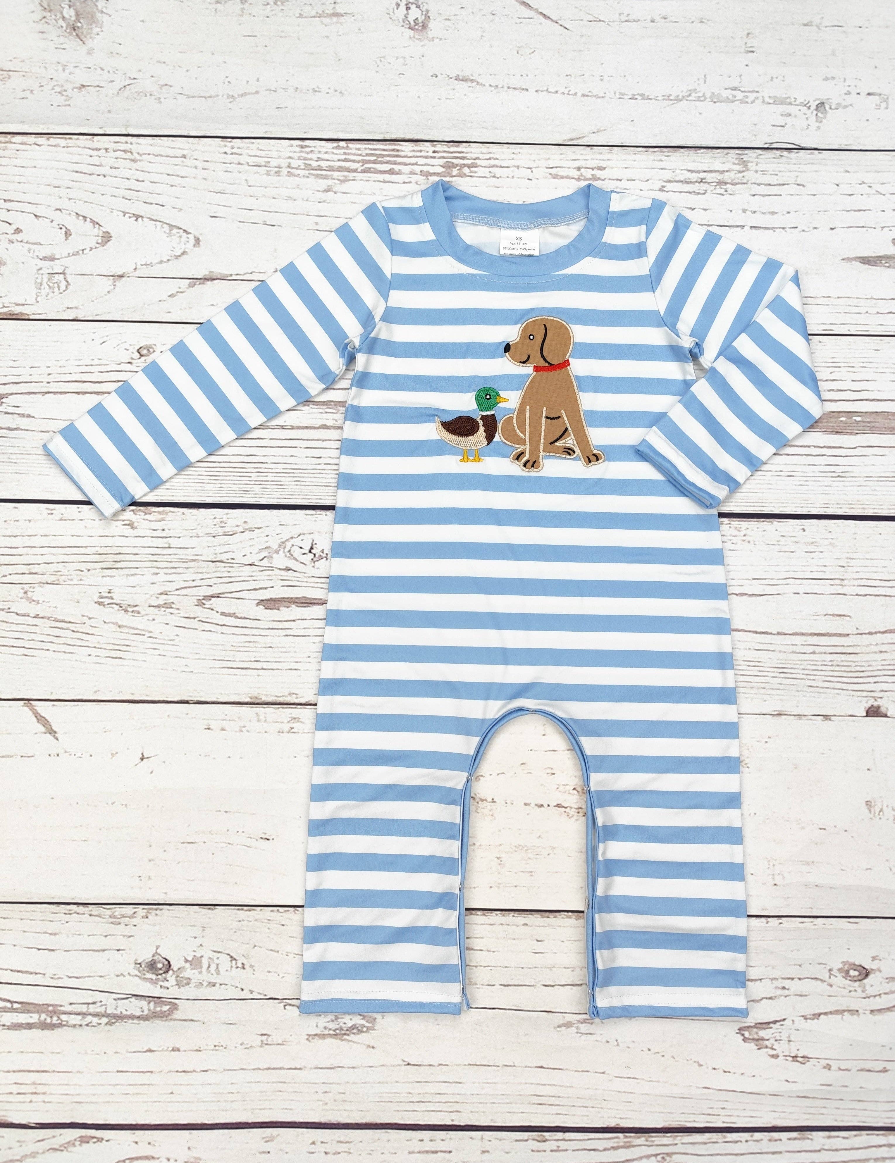 Baby Boy Dog Duck Appliqué Romper — color: blue and white stripe and crew neckline