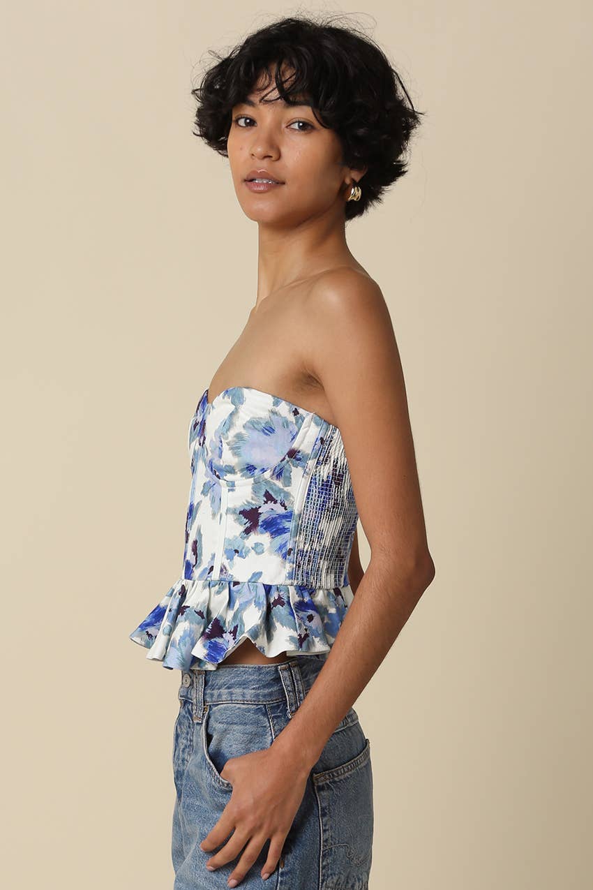 Blue & White Floral Peplum Tube Top
