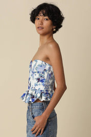 Blue & White Floral Peplum Tube Top