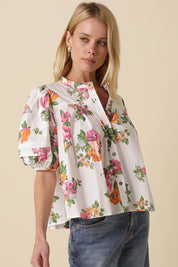 White Floral Puff Sleeve Blouse