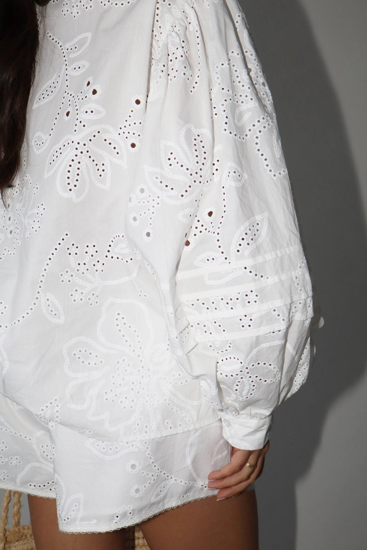 White Eyelet Cotton Long Sleeve Blouse — view 14