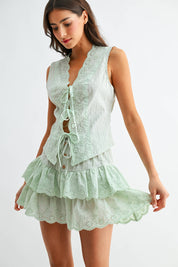 Green Eyelet Top and Skirt Set
