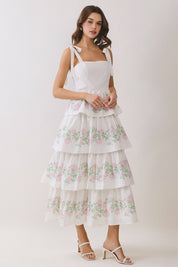 White Floral Ribbon Tiered Maxi Dress