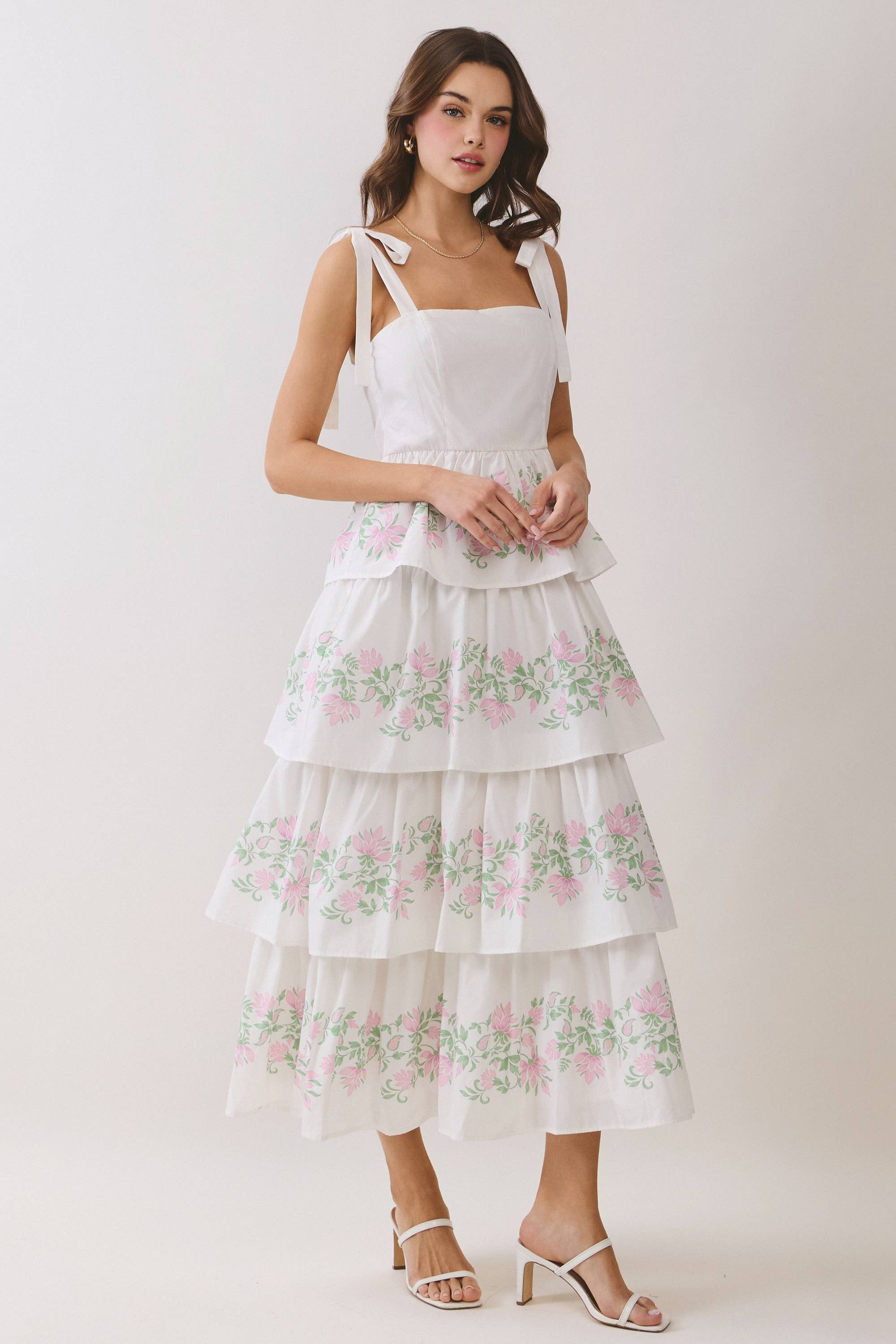 White Floral Ribbon Tiered Maxi Dress