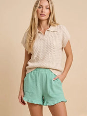 Beige Cable Knit Short Sleeve Sweater