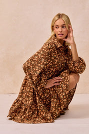 Brown Floral Print Corduroy Dress