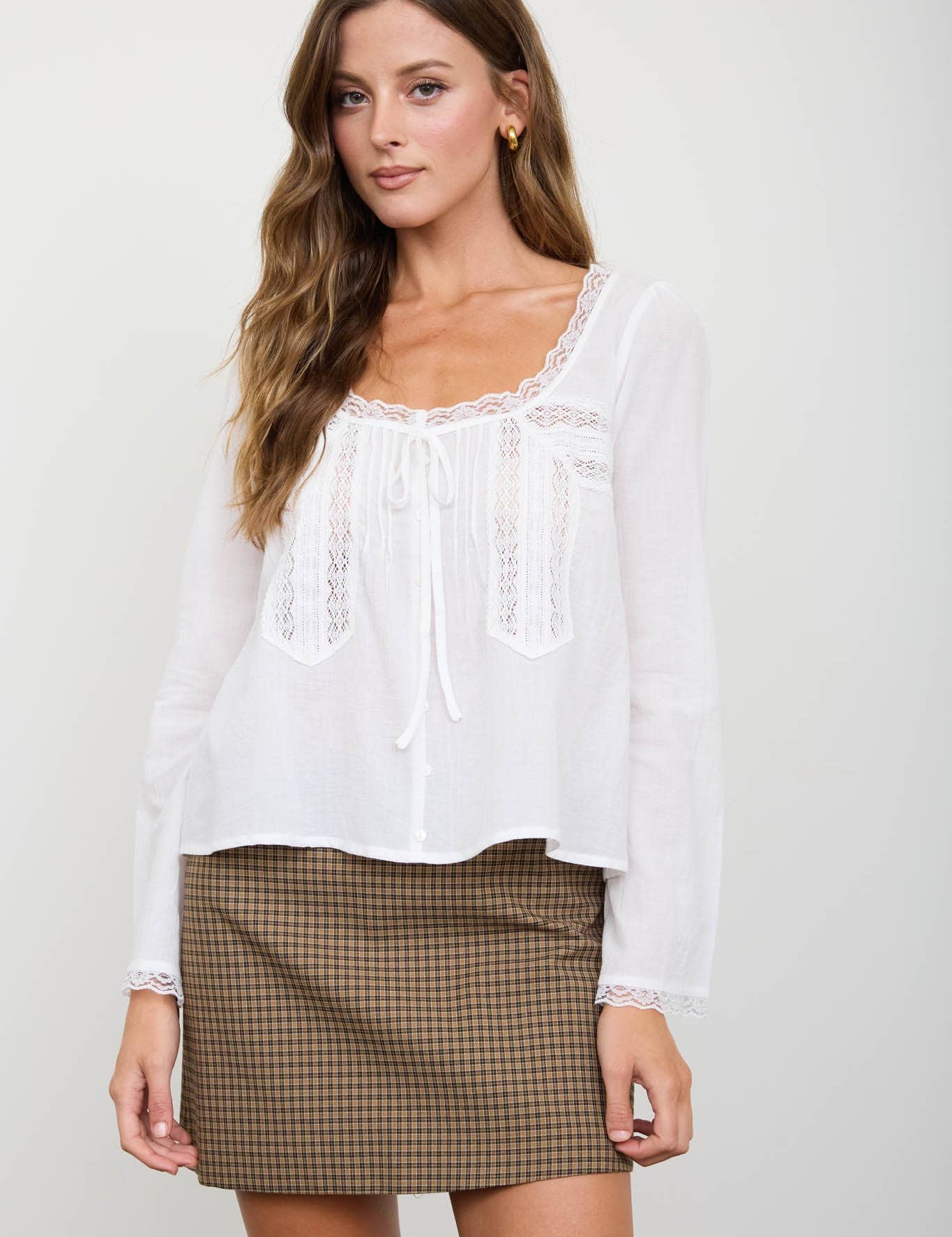 White Lace Trim Long Sleeve Top — color: white with white lace trim and scoop neckline with scalloped lace trim
