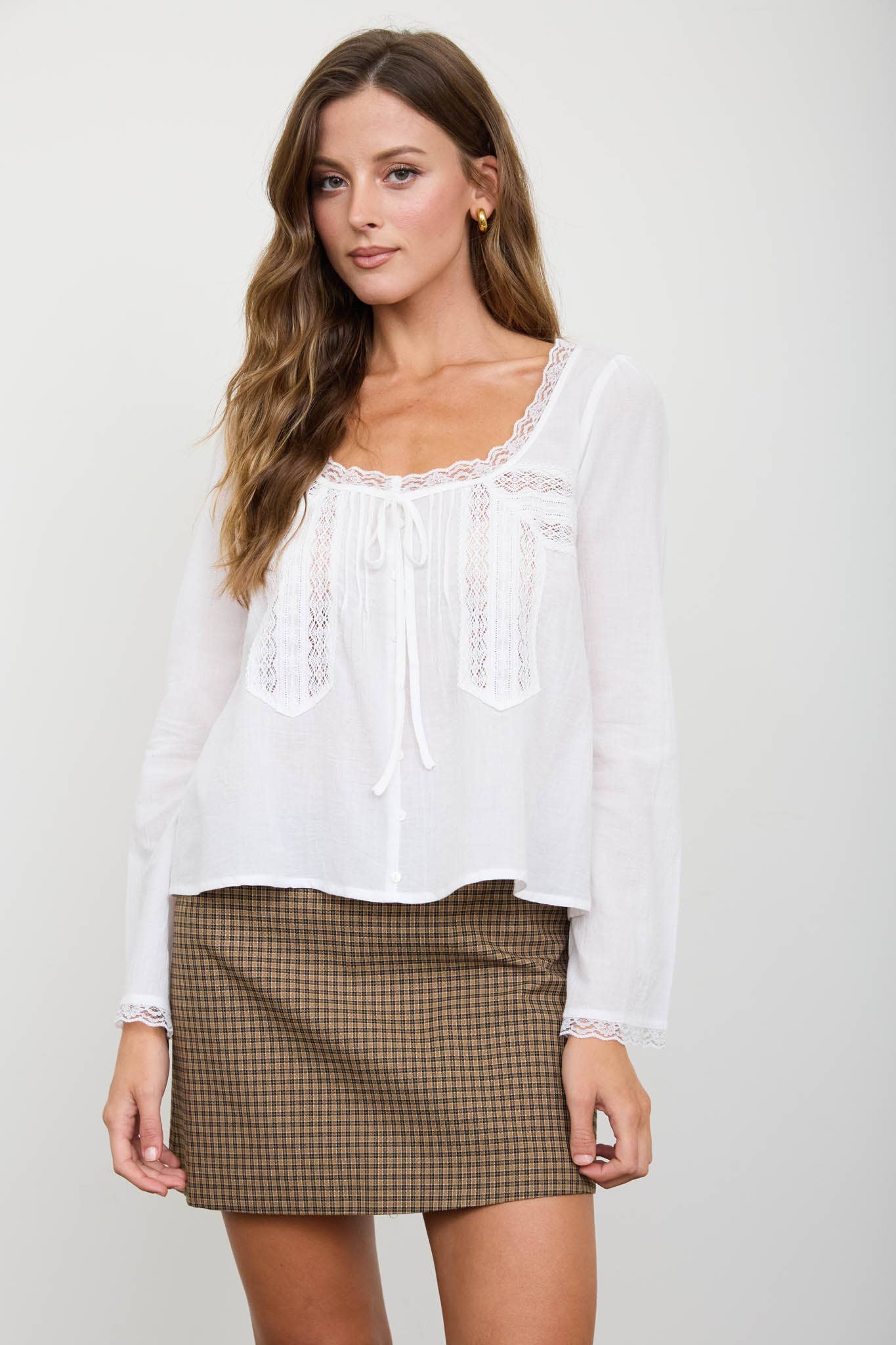 White Lace Trim Long Sleeve Top — color: white with white lace trim and scoop neckline with scalloped lace trim