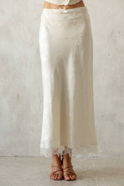 Ivory Satin Lace Trim Midi Skirt