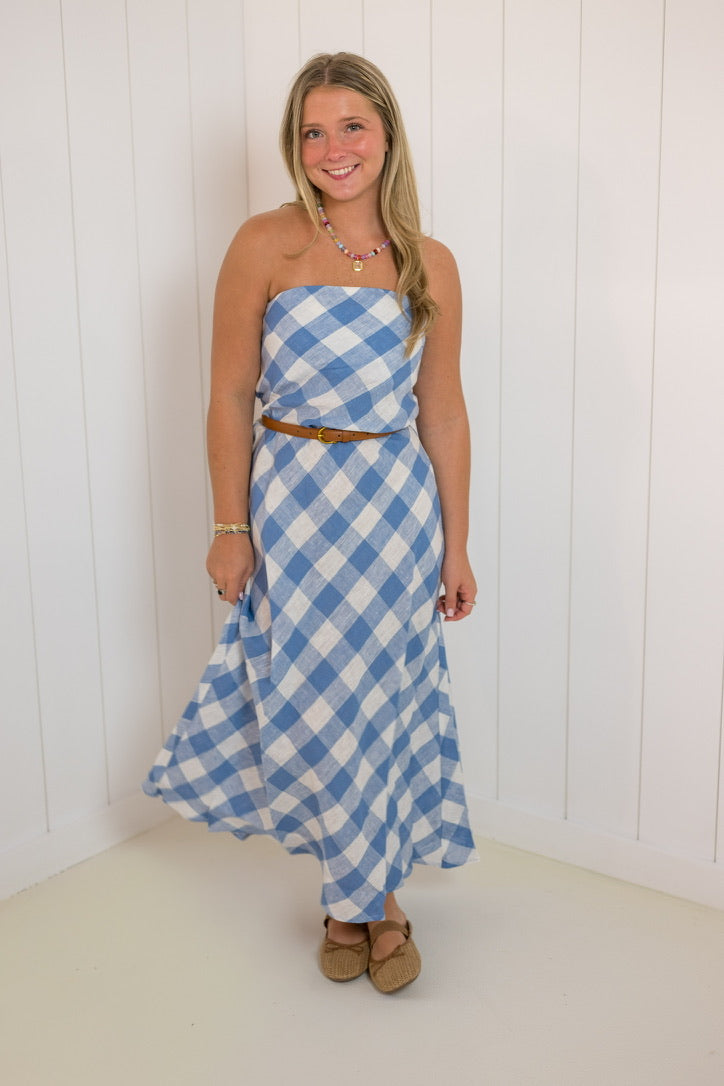 Blue Strapless Gingham Linen Dress showing straight neckline for a clean
