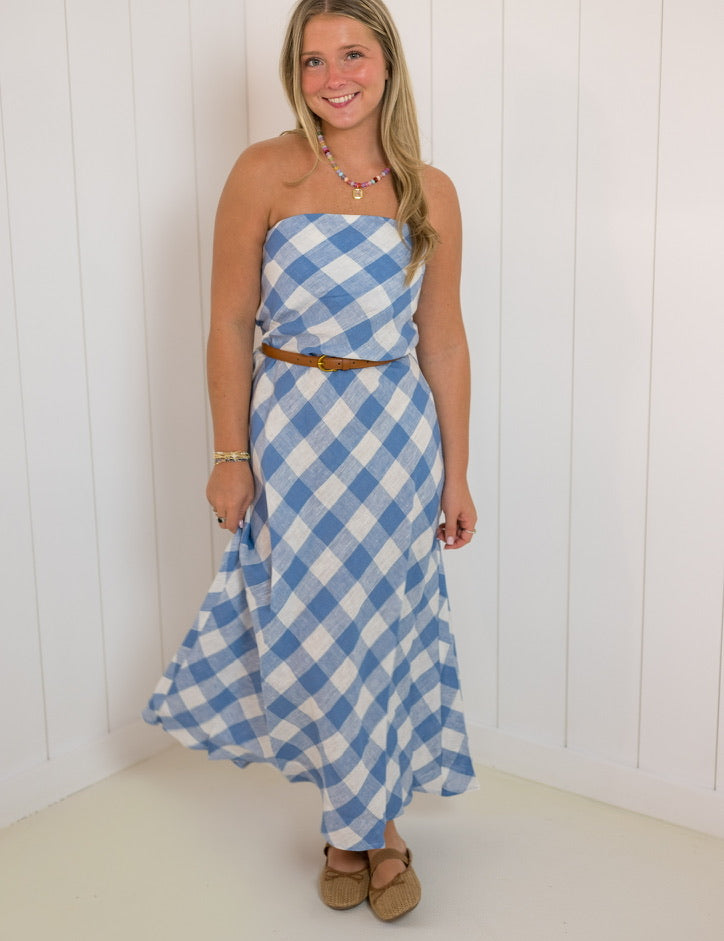 Blue Strapless Gingham Linen Dress showing straight neckline for a clean