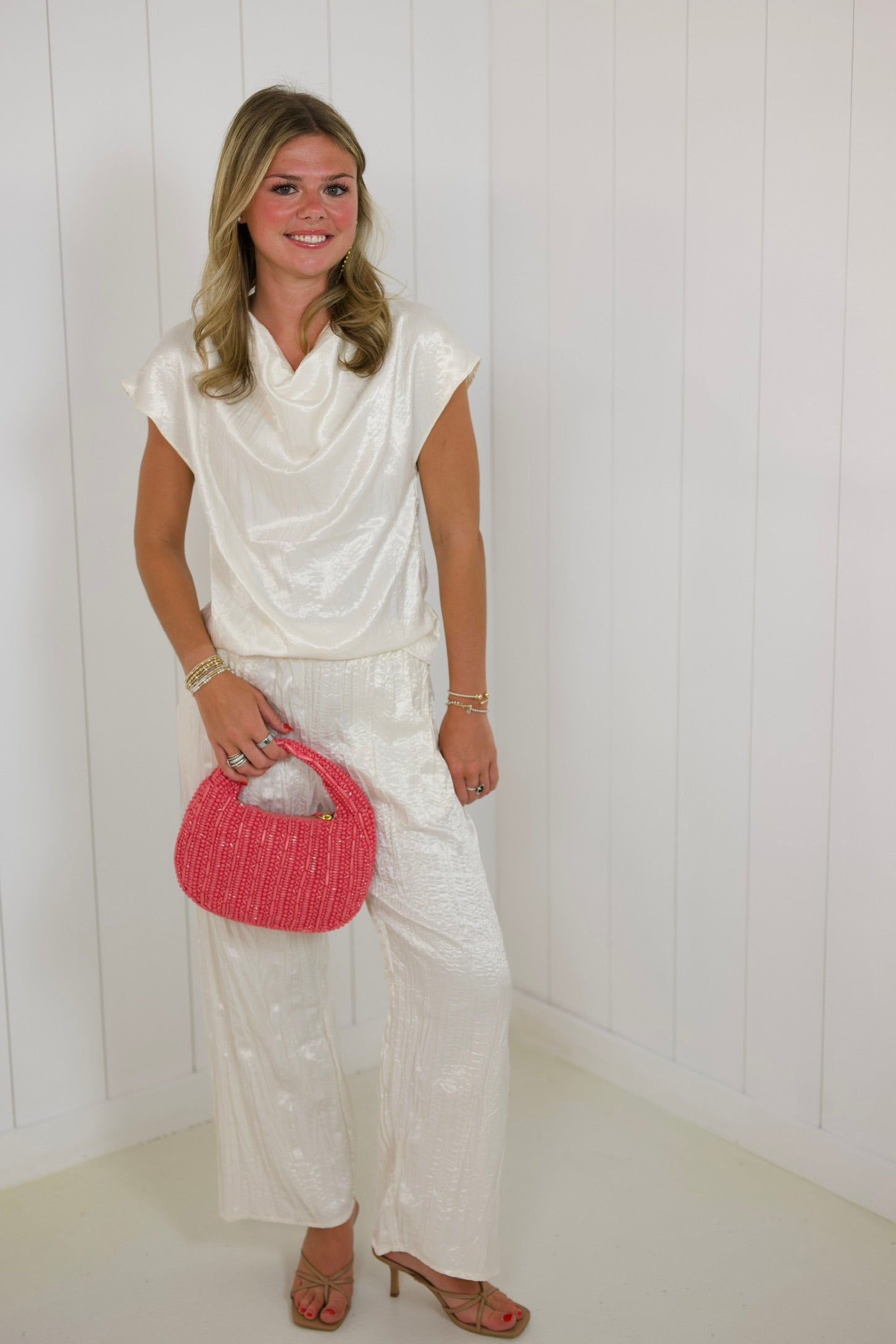 Cream Satin Wrinkle Pants