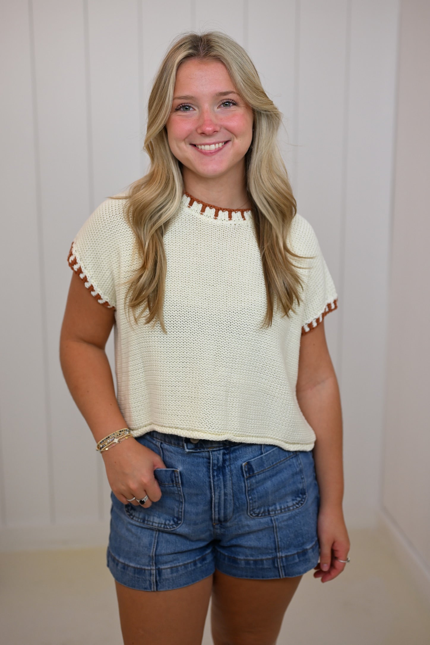 White Sweater with Contrast Stitch