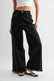 Black Wide-Leg Denim Stud Pants
