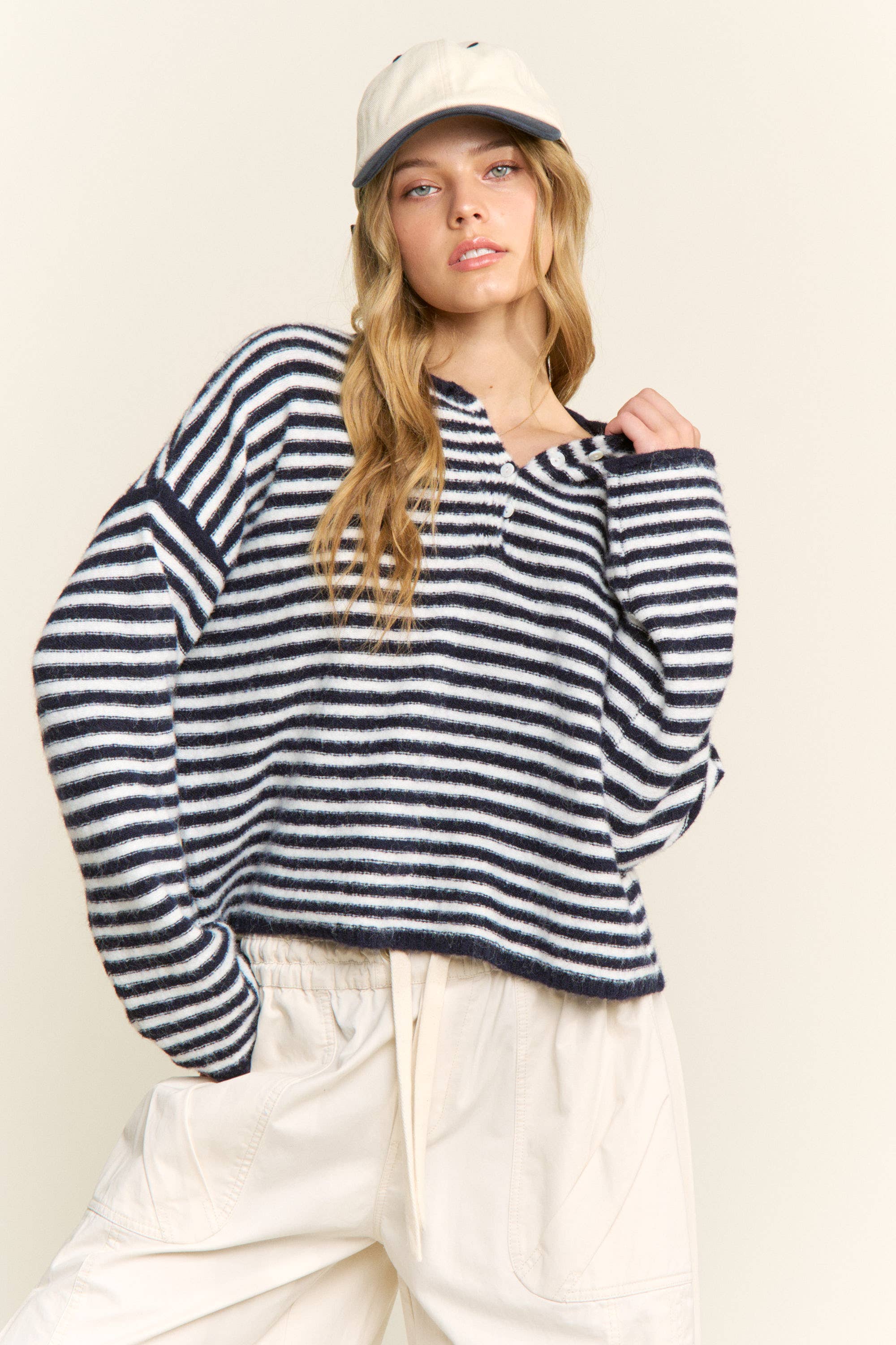 Pink Striped Henley Knit Sweater