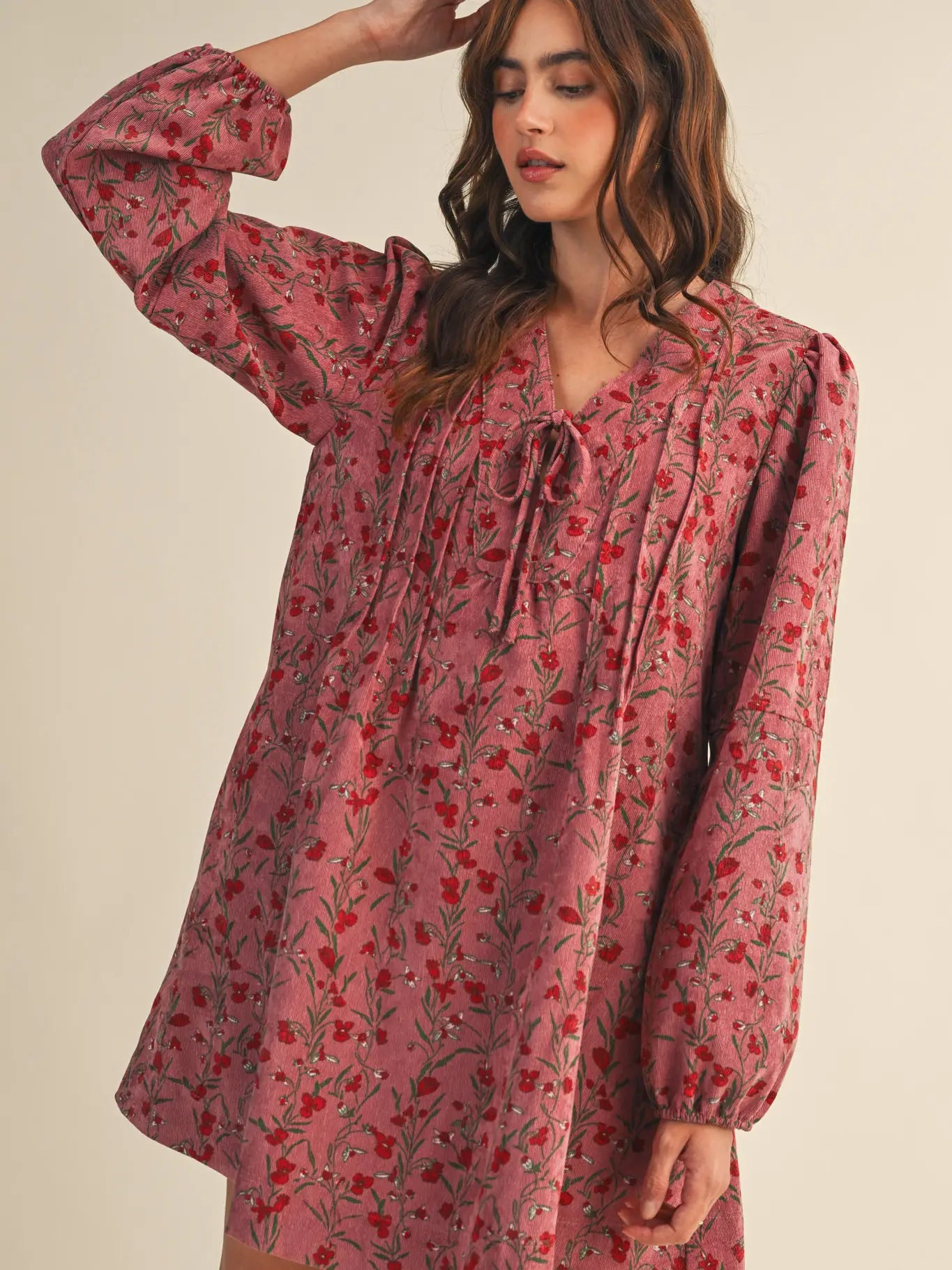 Red Floral Corduroy Mini Dress