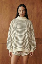 Cream Striped MockNeck Sweatshirt