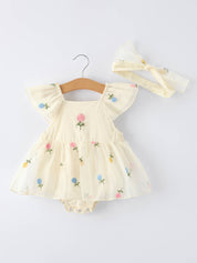Storybook Floral Flying sleeves Girl Romper With Headband