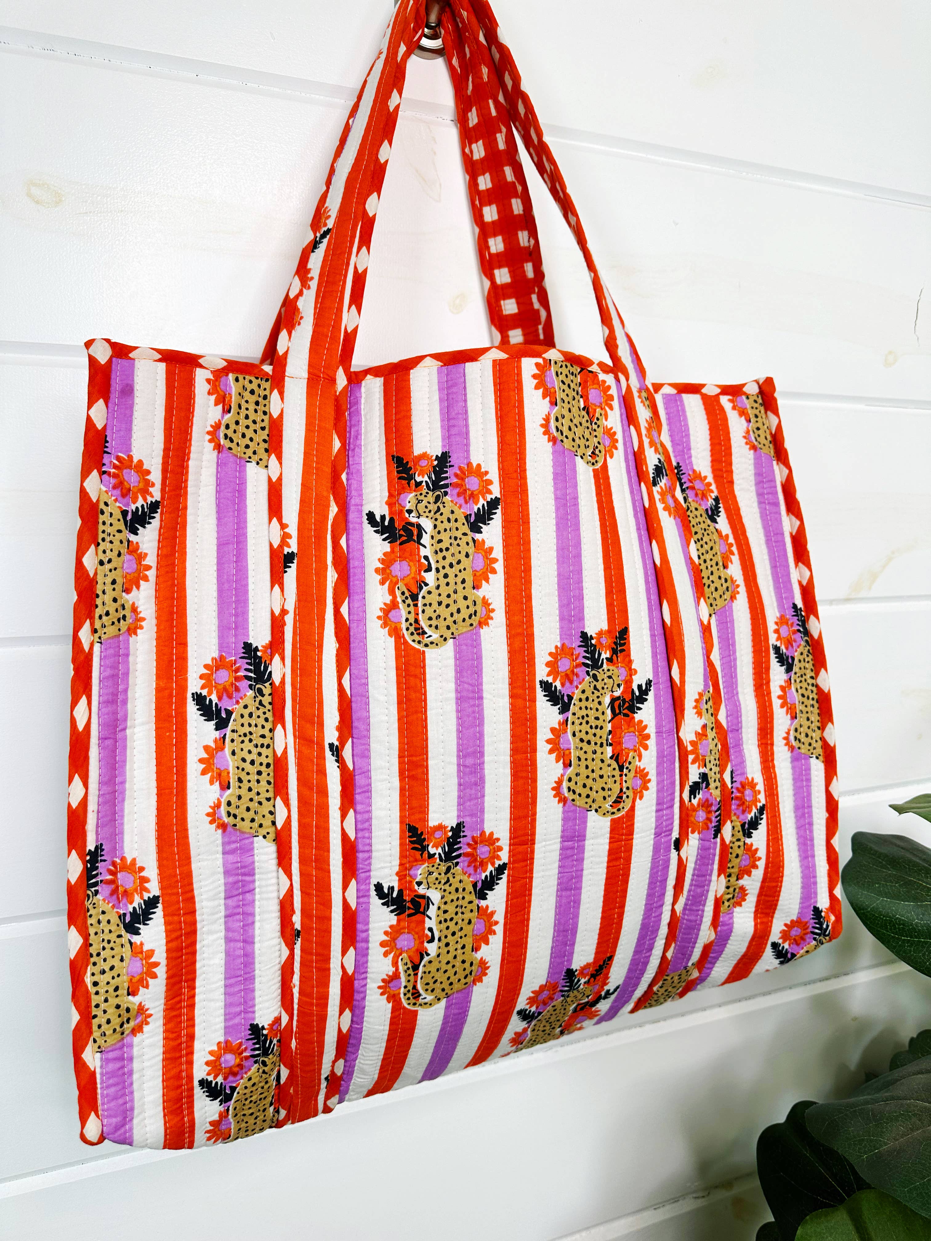 Striped Jaguar Large Quilted Tote Bag