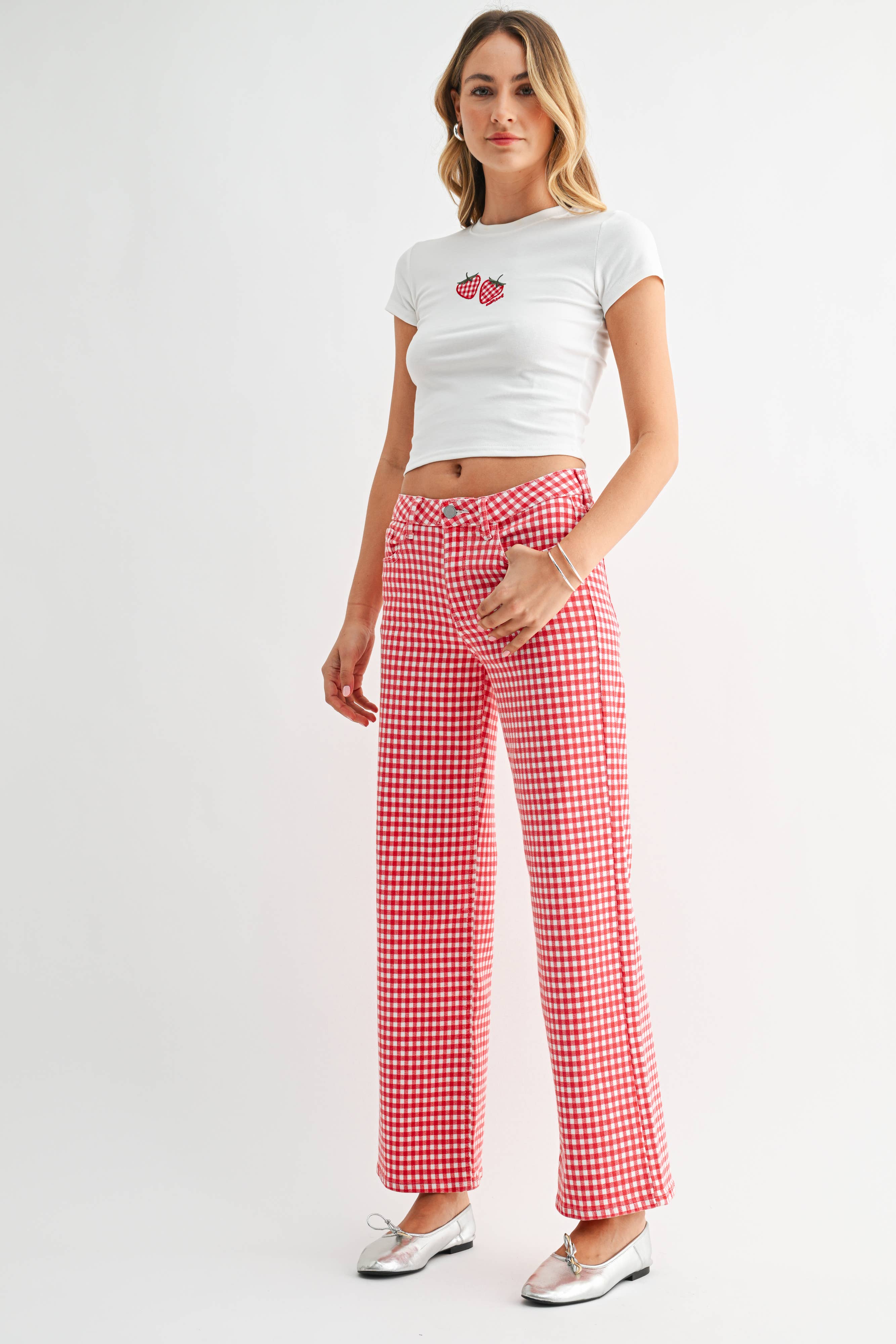 Red Gingham High Rise Full Length Straight
