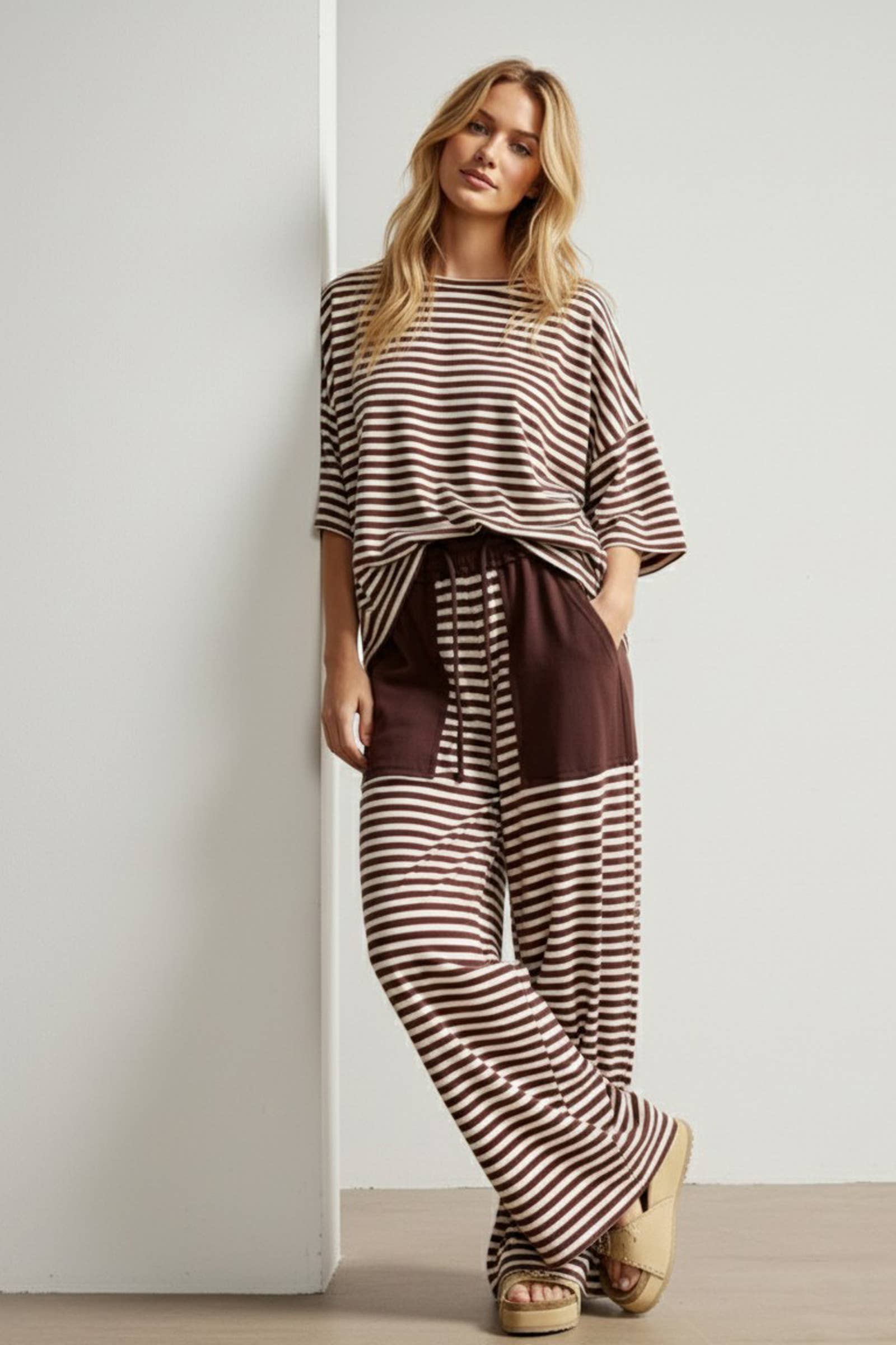 Brown & Ivory Striped Knit Lounge Set