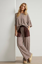Brown & Ivory Striped Knit Lounge Set