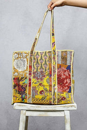 Yellow Quilted Striped Tote Bag