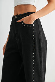 Black Wide-Leg Denim Stud Pants