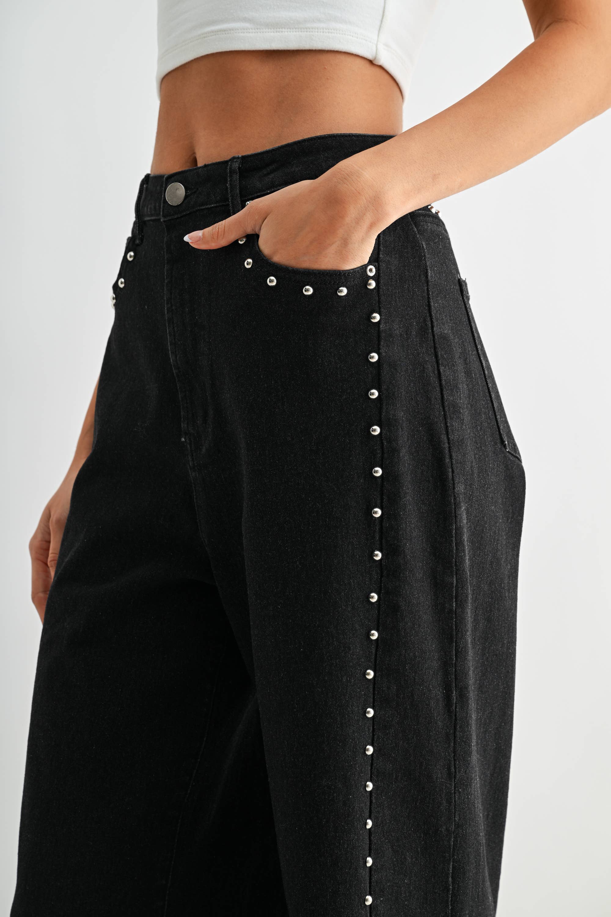 Black Wide-Leg Denim Stud Pants