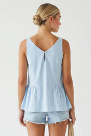 Blue Button Detail Ruffle Tank Top