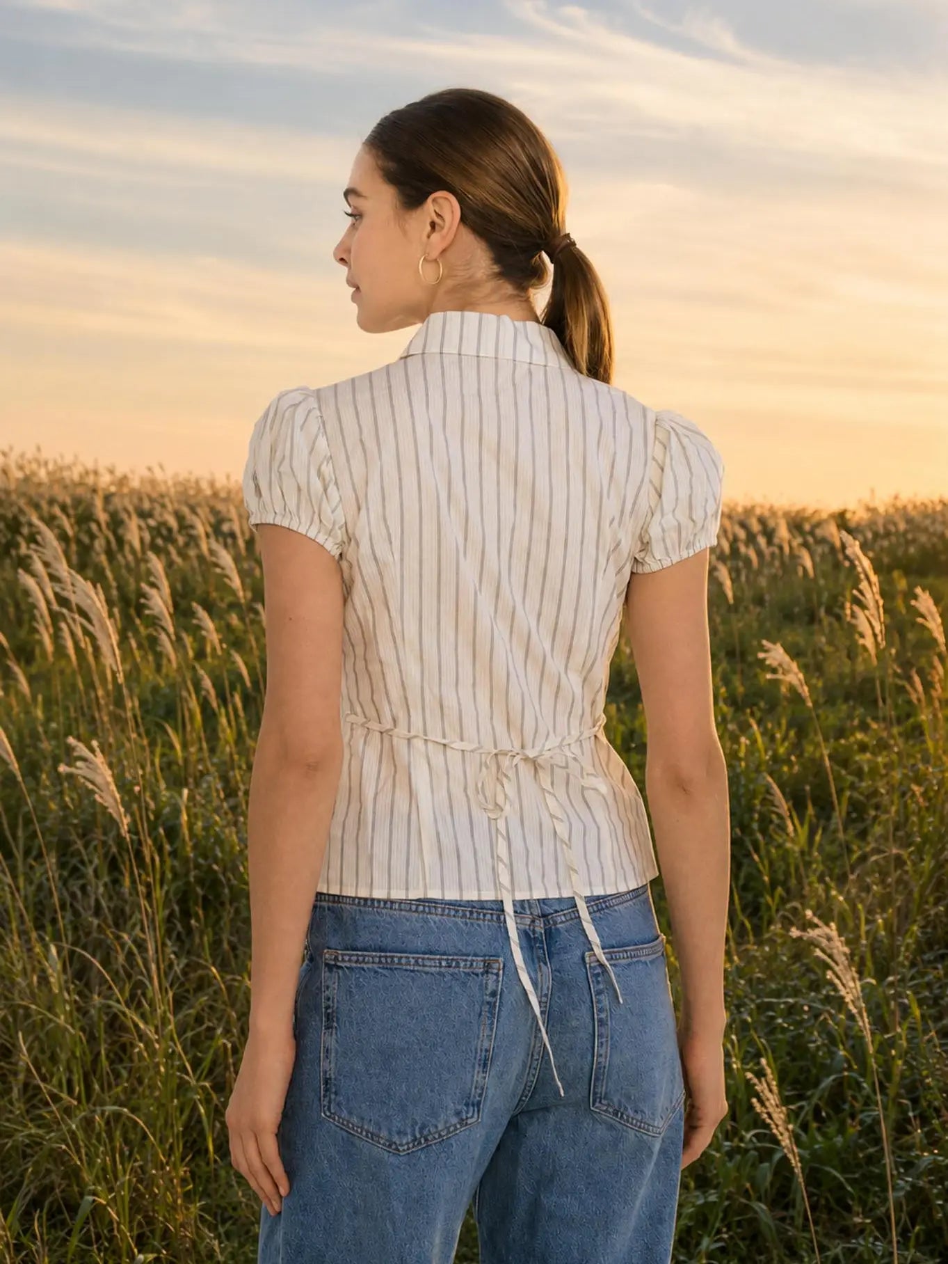 Cream & Brown Stripe Collared Top