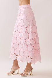 Pink Floral Lace Scalloped Midi Skirt