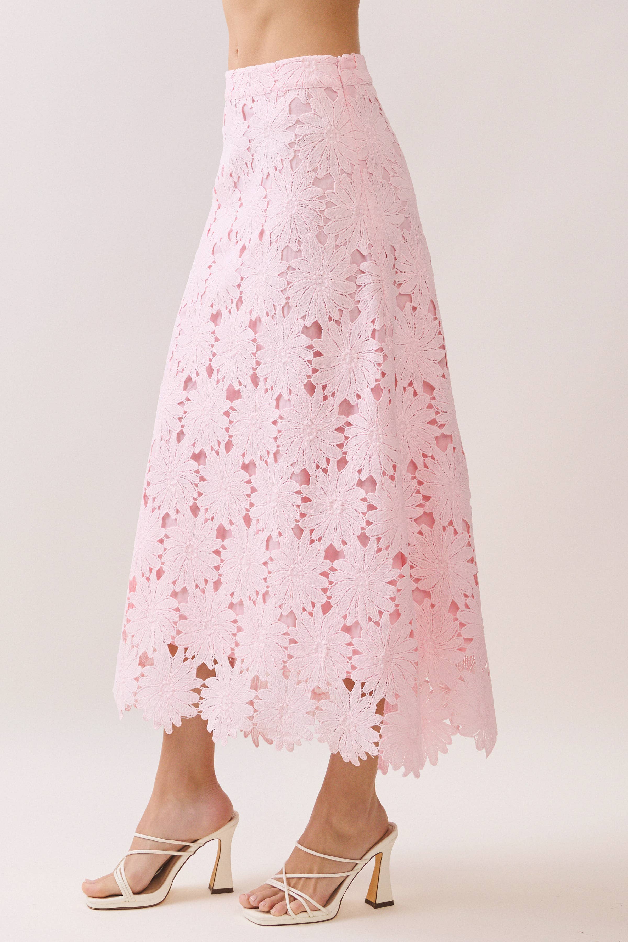 Pink Floral Lace Scalloped Midi Skirt