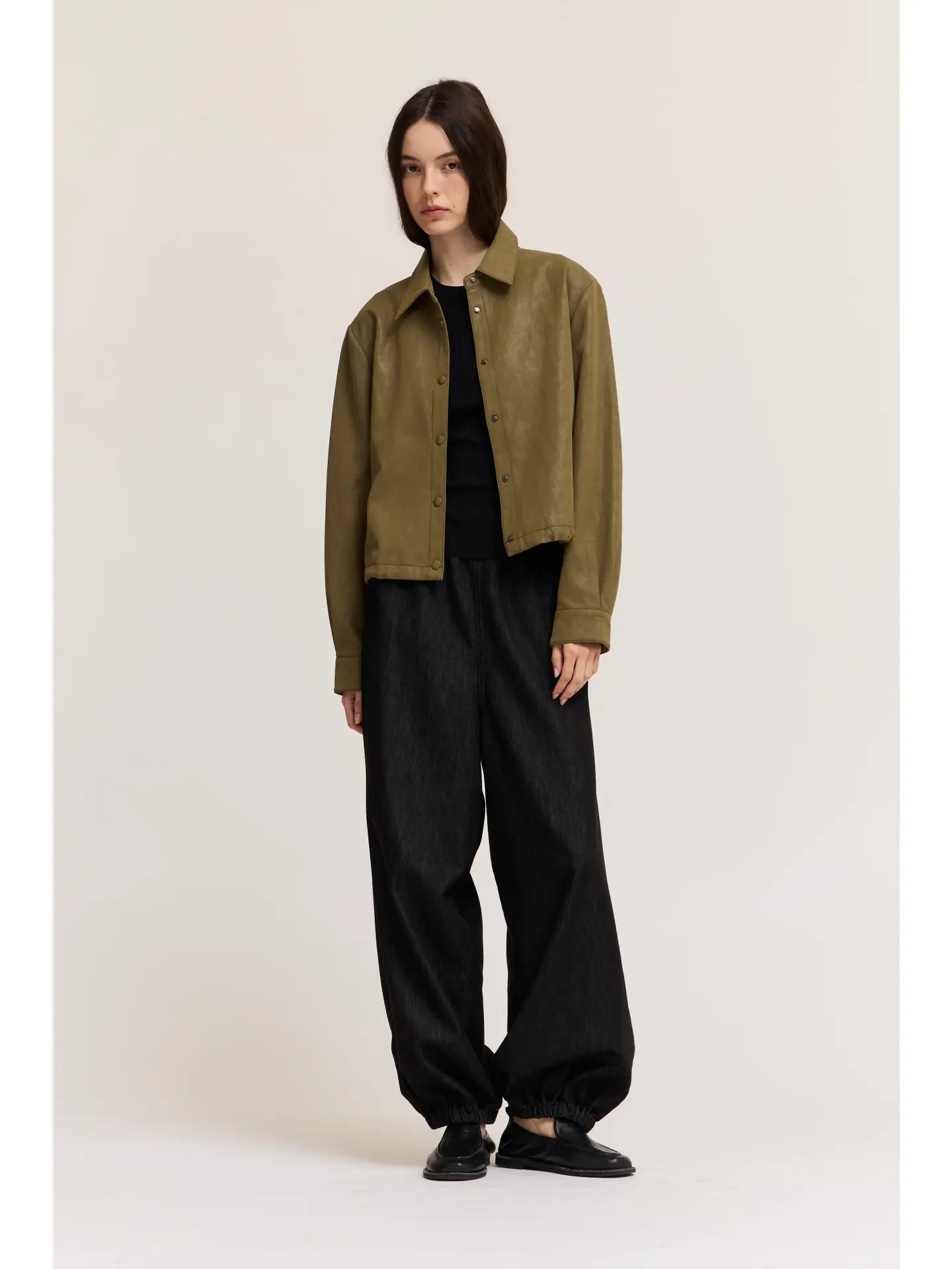 Olive Button Up Leather Jacket