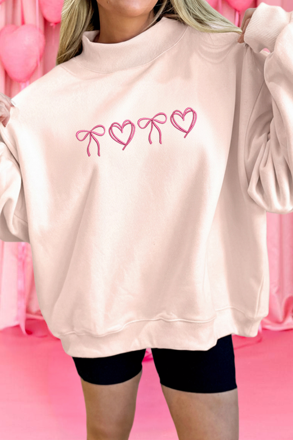 Pink Bow Heart Embroidered Mock Neck
