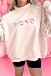 Pink Bow Heart Embroidered Mock Neck