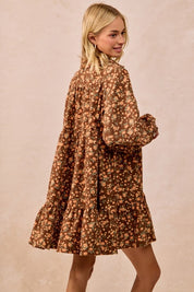 Brown Floral Print Corduroy Dress