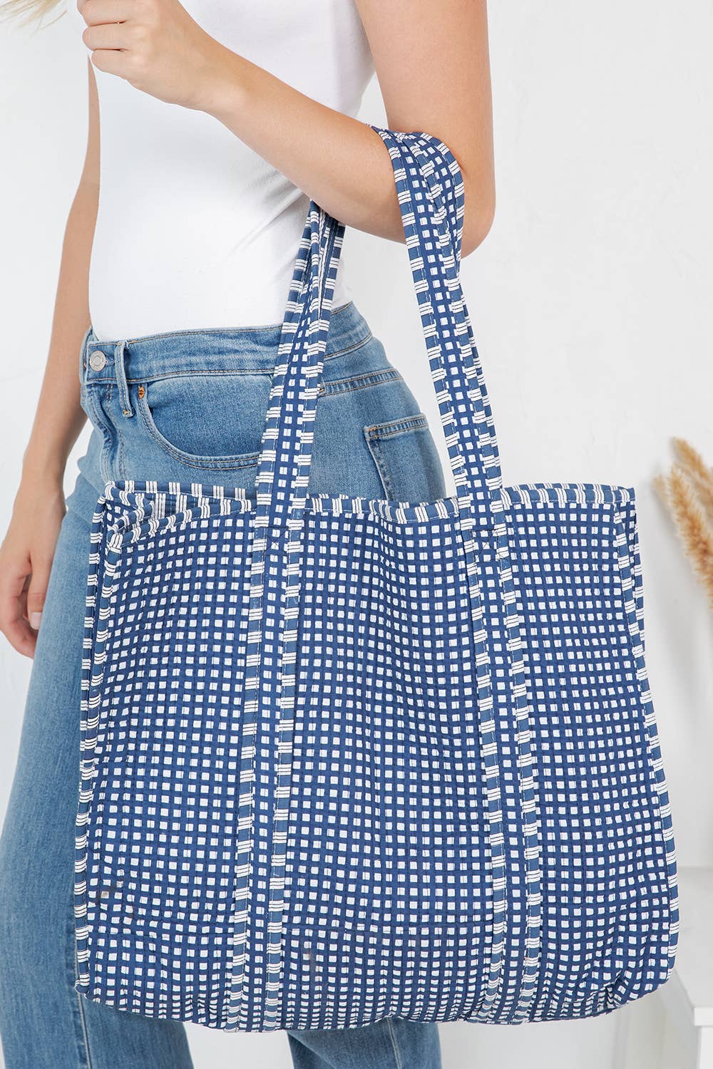 Blue Gingham Quilted Tote Bag