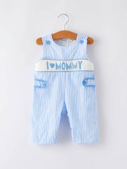 “I LOVE MOMMY”Embroidery Smocking Striped Baby Boys Romper