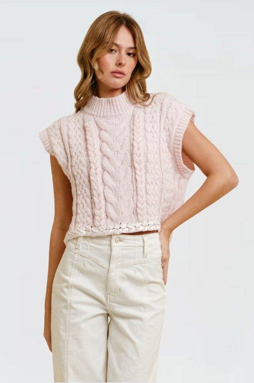 Light Pink Cable Knit Sweater Vest — color: light pink and mock neckline