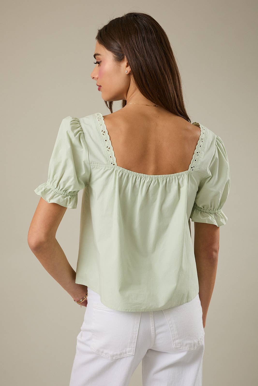 Green Square Neck Eyelet Blouse