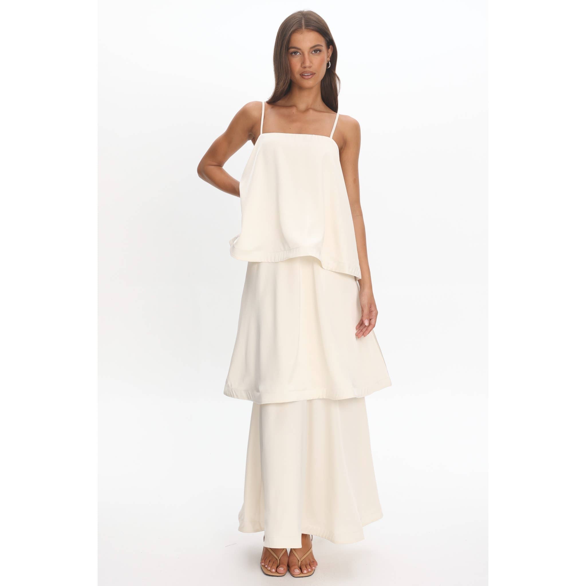 Cream Satin Tiered Maxi Dress