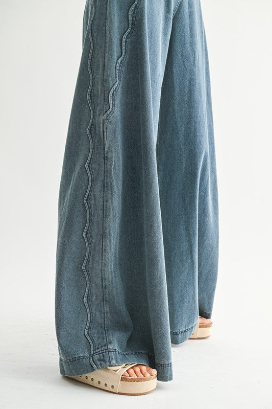 Scallop Wide Leg Denim Pants