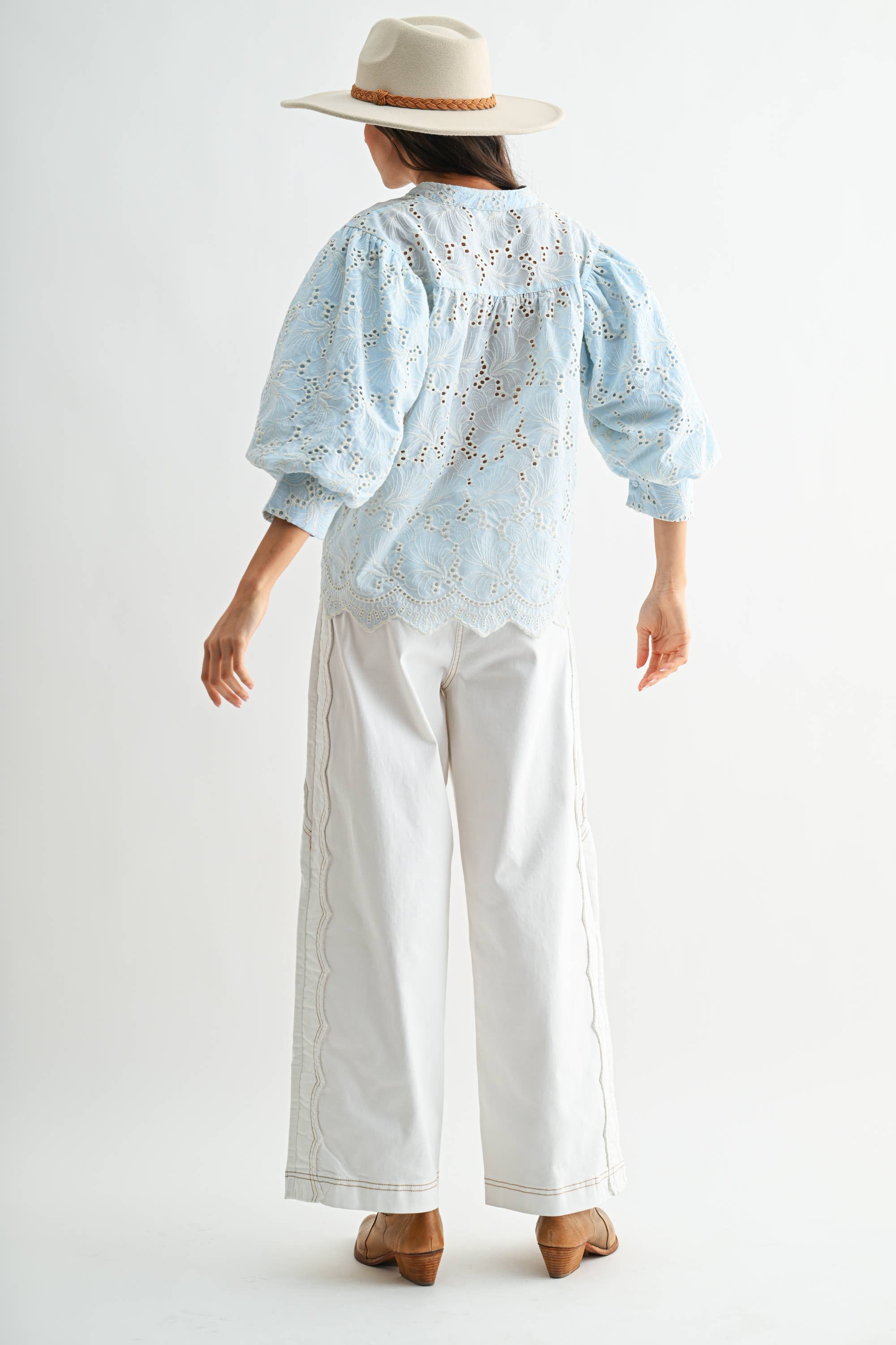 Light Blue Eyelet Puff Sleeve Top