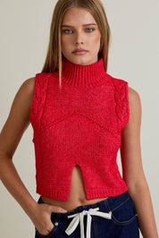 Red Mock Neck Cutout Crop Sweater
